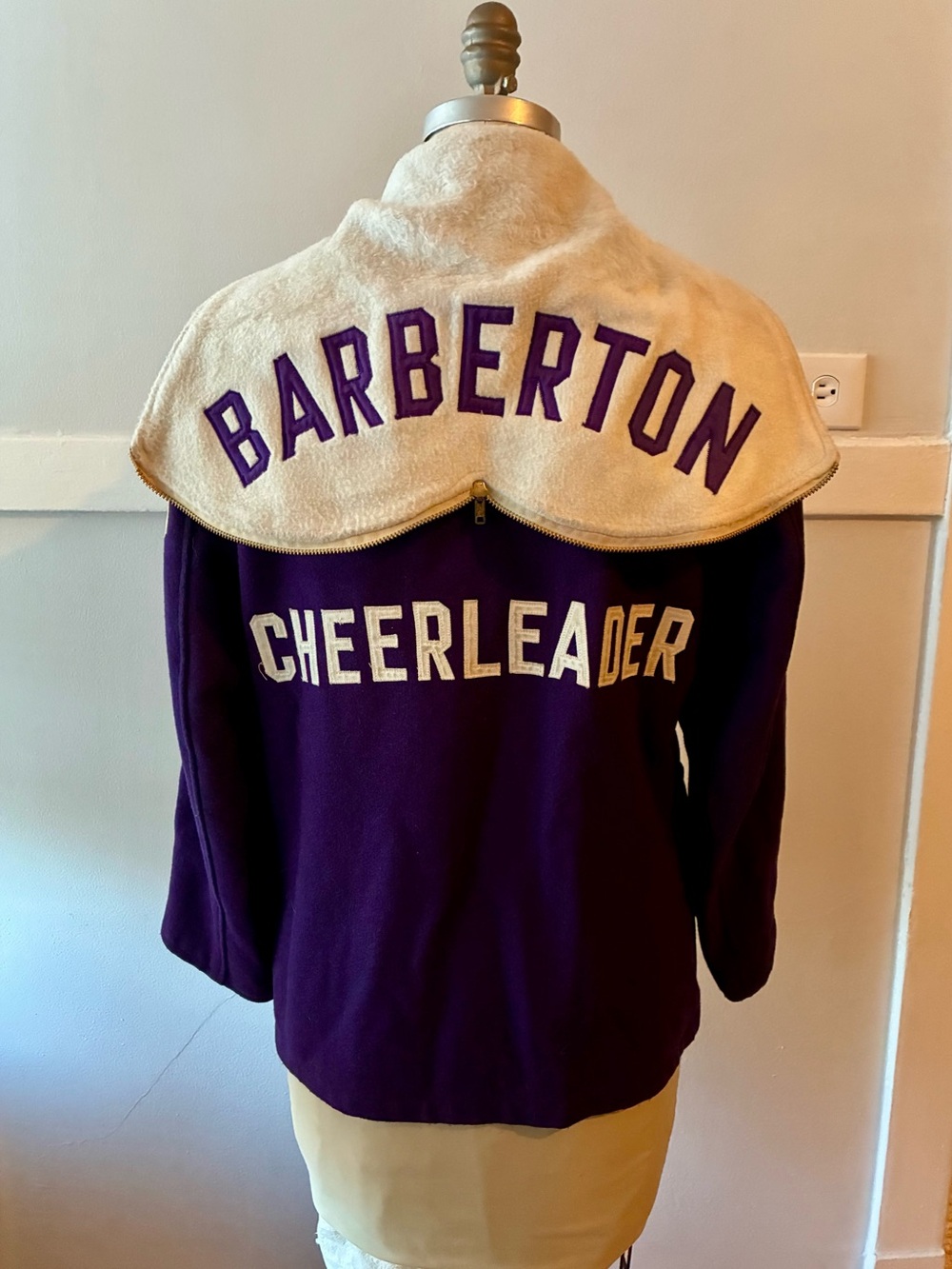 Vintage Women’s Purple Varsity Cheerleader Jacket with Cream Shawl Collar Hood